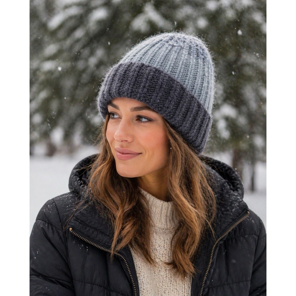 Dana Stein Ombre Beanie Gray Blue Ribbed Cuffed Knit Hat Cozy Soft NWT